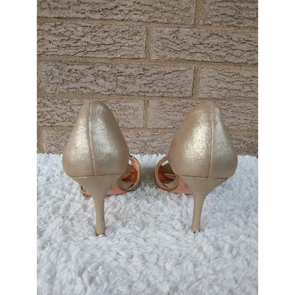 Badgley Mischka Gold Leather Peep Toe Stiletto Heels Crystal Embellished Size 6M - Picture 5 of 6